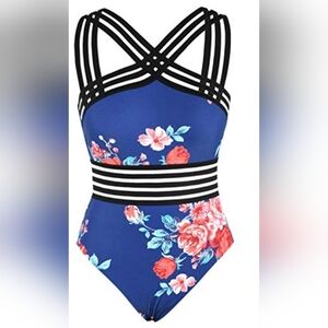 Hilor Blue Floral Mesh Halter Neck One Piece Swimsuit Size Large (10-12)